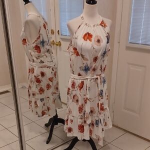 2/$50 New White Floral Halter Neck Dress With Pockets - Size XL